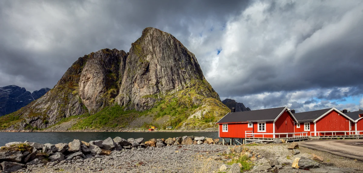 Mount Olstind and the fishermen's cottages in Norway