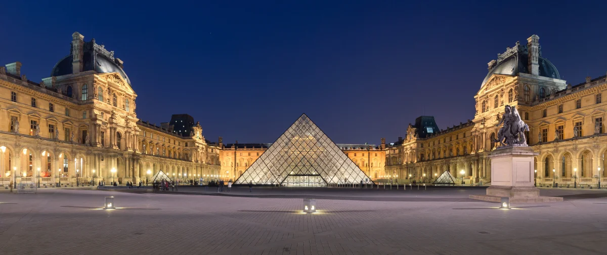 The lights of Paris at night around the glass pyramid
