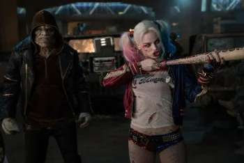 harley quinn with a baseball bat and killer croc, the suicide squad, actresses, bits, celebrities, personalities, characters, actors, harley quinn, hollywood, margot robbie, monsters, mutants, suicide squad, tattoos, weapon, movies, cinema, people