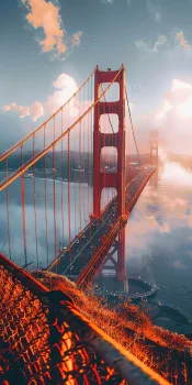 the rays of the setting sun illuminate the golden gate bridge in the united states, bridges, california, clouds, engineering marvel, engineering structures, fog, golden gate, landscapes, ocean, oceans, pacific ocean, san francisco, sky, sunsets, sunset, usa, united states, architecture, world