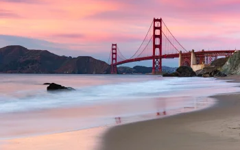 sunset over the golden gate bridge in the u.s., beaches, coasts, bridges, california, cliffs, clouds, engineering marvel, engineering structures, golden gate, landscapes, mountains, peaks, hills, ocean, oceans, pacific ocean, san francisco, sand, sands, sky, sunsets, sunset, usa, united states, waves, architecture, world