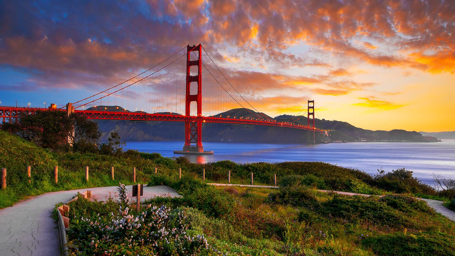 The Golden Gate Bridge bathed in the glow of the sunset