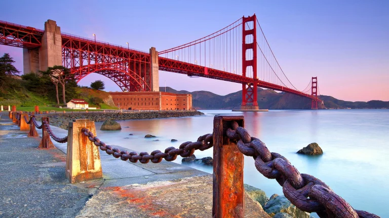 the golden gate against the backdrop of a soft dawn, bridges, california, chains, golden gate, landscapes, morning, mountains, peaks, hills, san francisco, sunrises, dawn, usa, united states, waterfronts, marinas, architecture, world