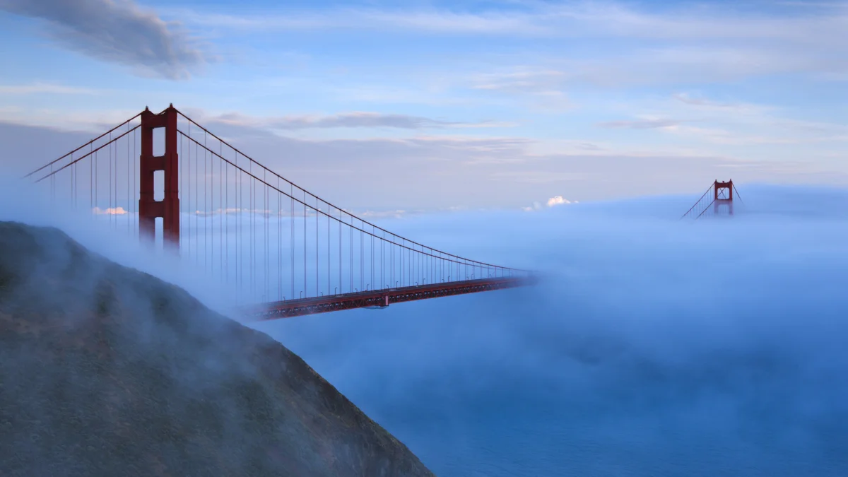 The Golden Gate Bridge, shrouded in San Francisco's thick fog