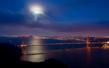 the golden gate bridge under a full moon, bridges, california, cities, city, cityscape, cityscapes, clouds, golden gate, moon, moons, night lights, lights, streetlights, street lamps, lighting, night, san francisco, sky, the city at night, usa, united states, architecture, world