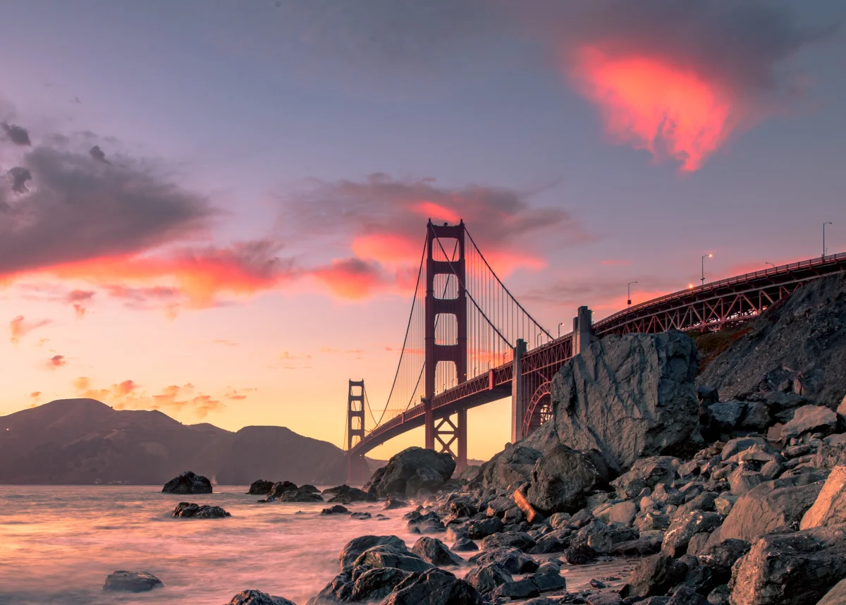 View of the Golden Gate pillars from the shore
