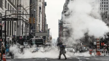 steam rising above the streets of new york in the west street area, buses, cities, city, cityscape, cityscapes, new york, pedestrians, roads, highways, motorways, avenues, driveways, passageways, skyscrapers, streets, usa, united states, architecture, world