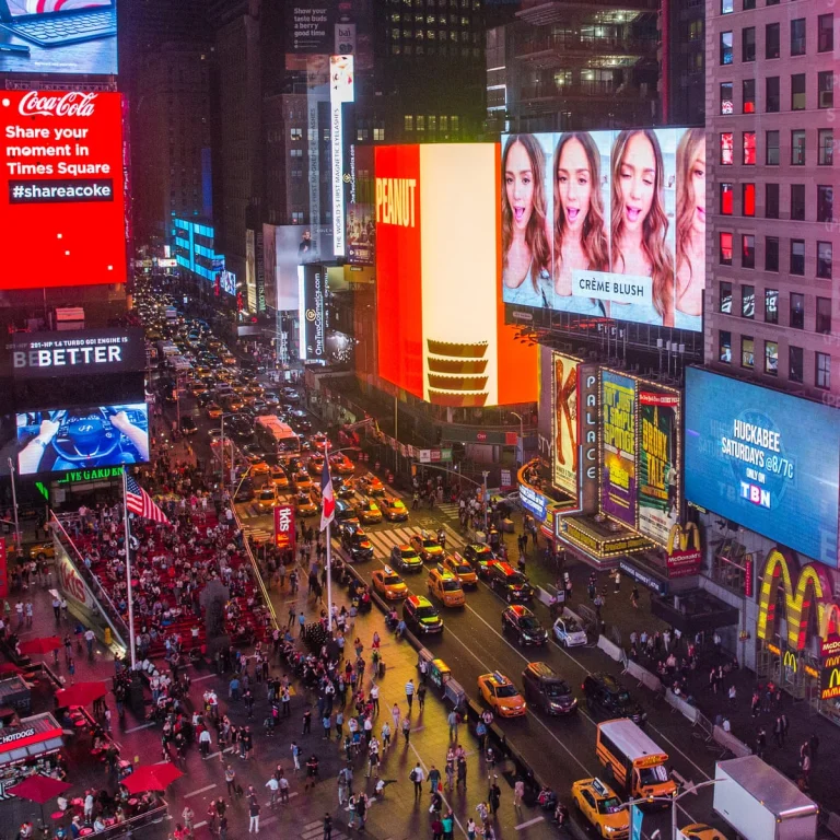 the lights of the billboards and the heavy traffic in times square, advertisement, billboards, buses, cars, automobiles, cities, city, cityscape, cityscapes, new york, night lights, lights, streetlights, street lamps, lighting, night, pedestrians, roads, highways, motorways, avenues, driveways, passageways, skyscrapers, streets, taxi, the city at night, usa, united states, architecture, world