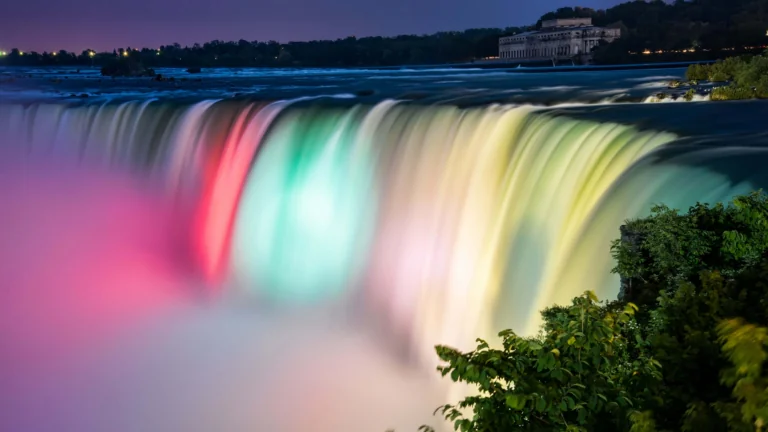 The multicolored lights at Niagara Falls at night
