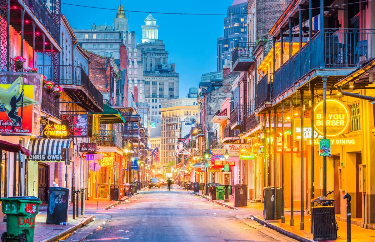 The neon lights of the French Quarter at night