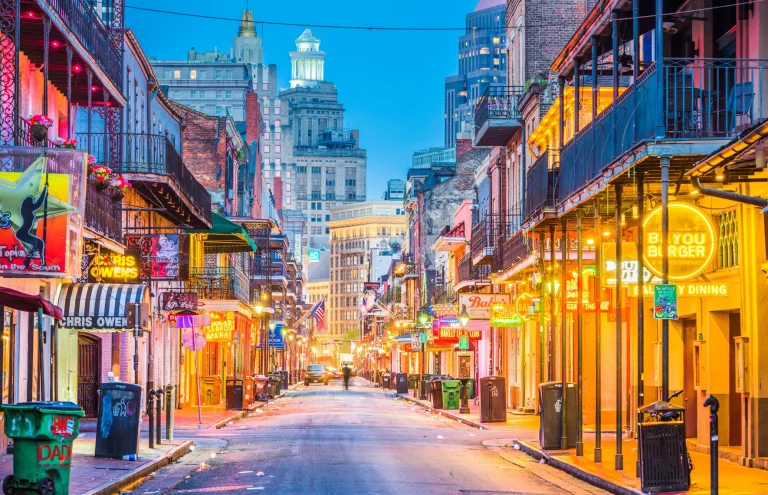 the neon lights of the french quarter at night, the french quarter, united states, cities, city, cityscape, cityscapes, morning, new orleans, night lights, lights, streetlights, street lamps, lighting, night, streets, usa, architecture, world