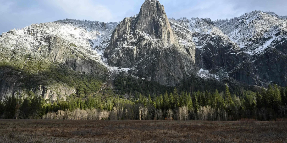 The snow-capped peak of El Capitan in Yosemite Valley