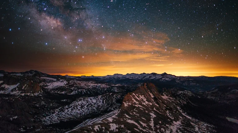 the milky way over the snow-capped peaks of yosemite national park, california, landscapes, milky way, mountains, peaks, hills, nature reserves, wildlife reserves, parks, national parks, sky, snow, stars, usa, united states, winter, winters, yosemite, nature, world