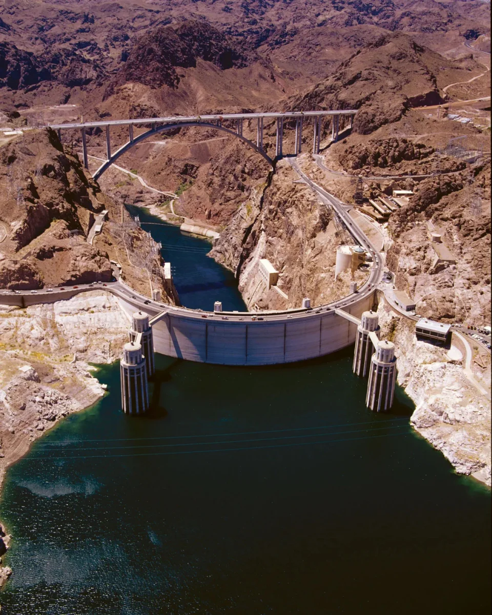An aerial view of the monumental Hoover Dam in the United States