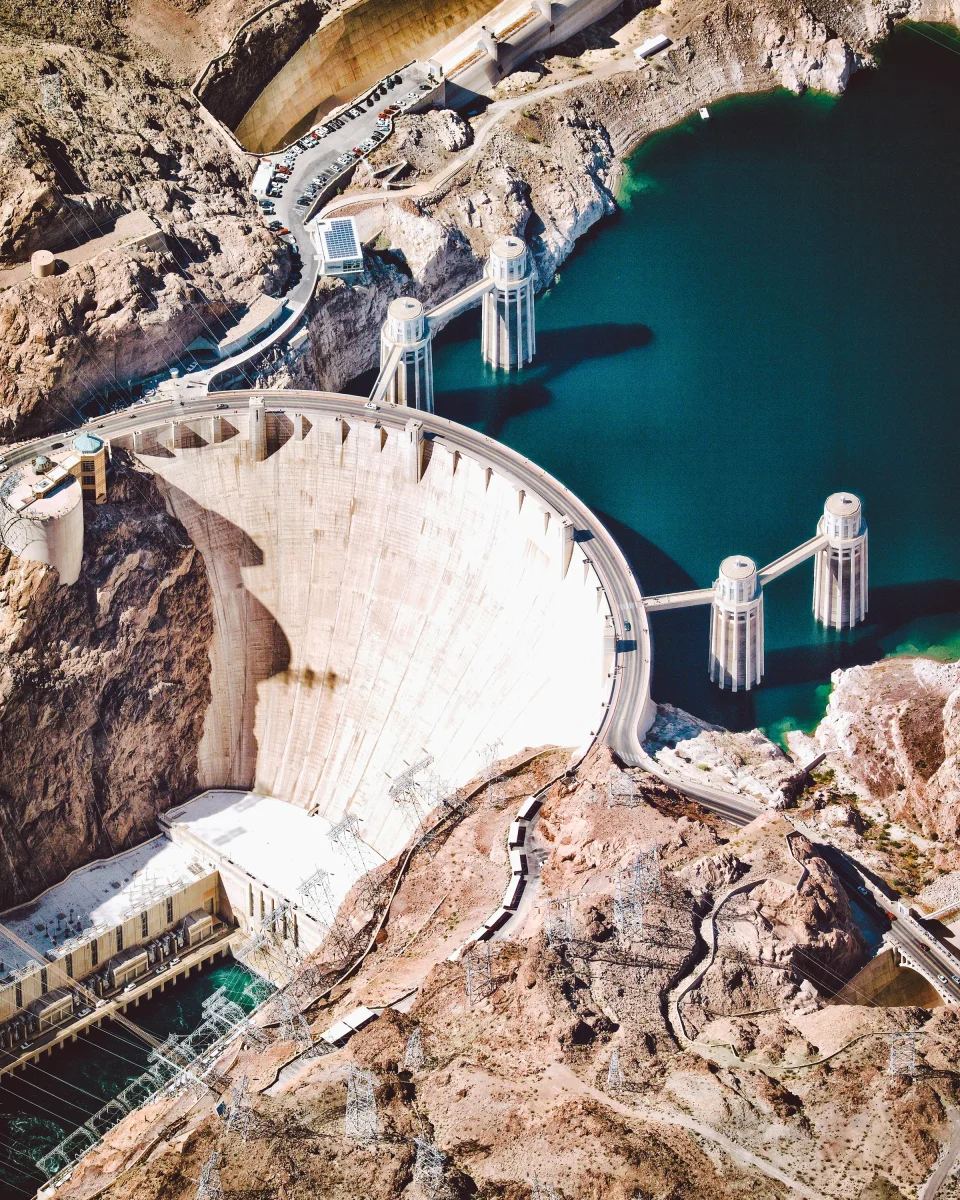 An aerial view of the massive Hoover Dam in the United States