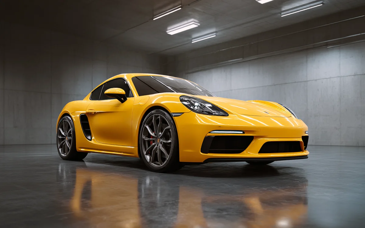 Жовтий Porsche 718 Cayman у гаражі