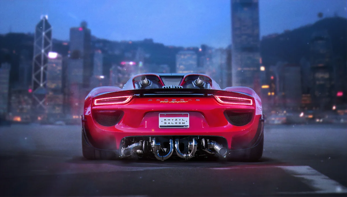 a porsche 918 spyder against the backdrop of hong kong at night, porsche 918 spyder, electric cars, electric vehicles, porsche, auto, cars, vehicles