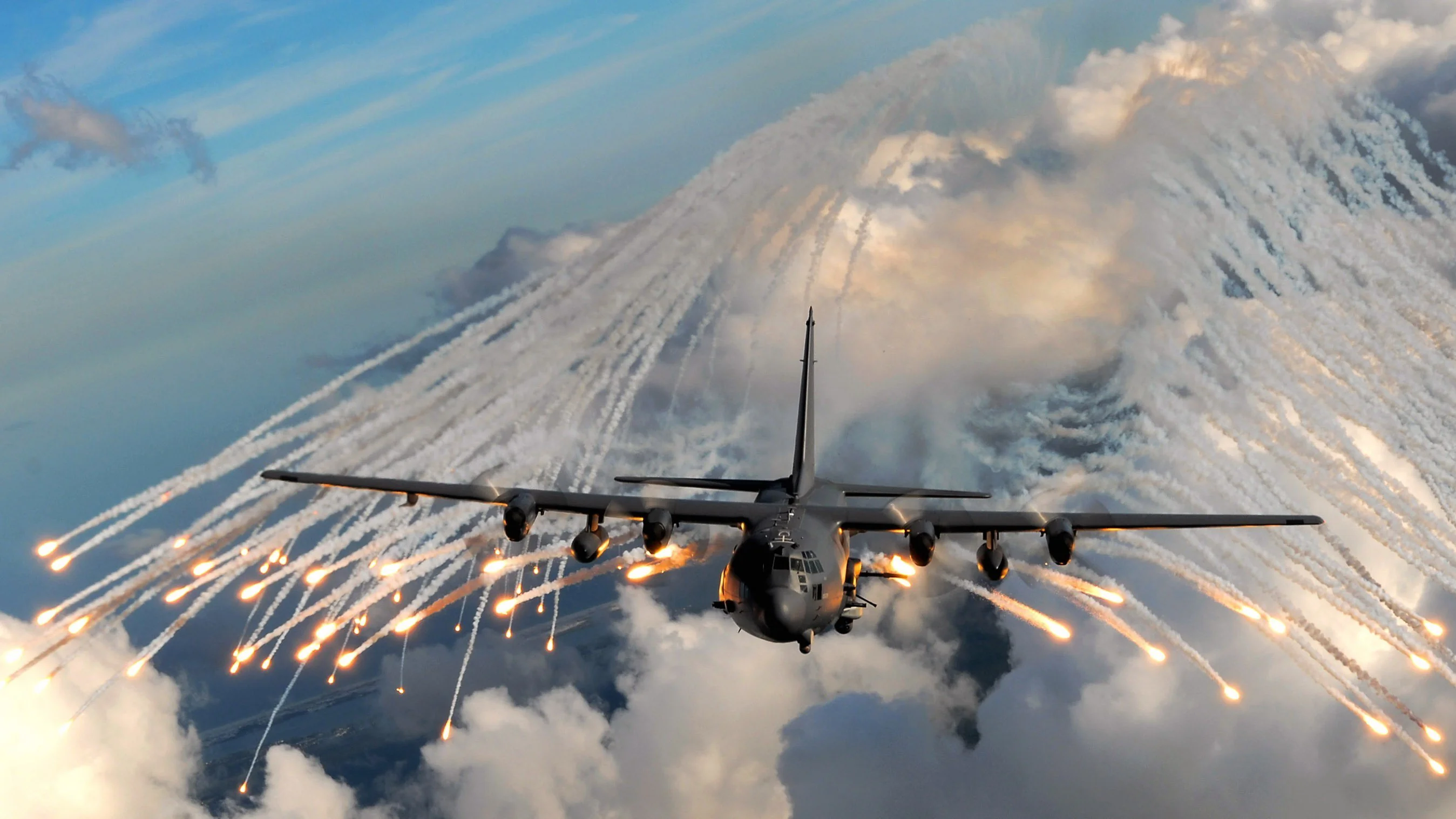 A Lockheed AC-130 Gunship fires decoys