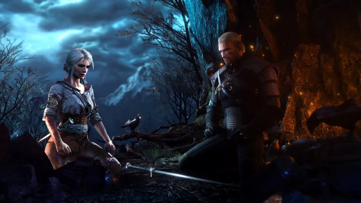 геральт и цири у костра, the witcher 3, the witcher, ведьмак, геральт, мечи, фэнтези, игры