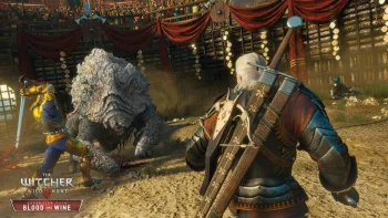 геральт сражается с шаэррадом на арене в туссенте, the witcher 3, the witcher, арены, ведьмак, геральт, мечи, монстры, мутанты, рыцари, фэнтези, игры