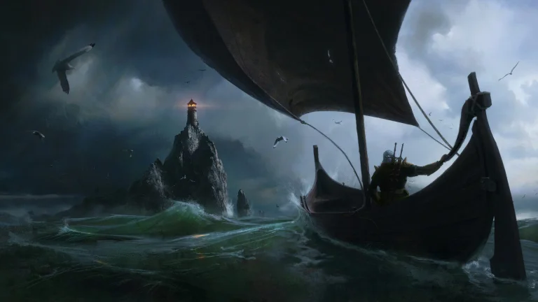 геральт плывет к маяку на островах скеллиге, the witcher 3, the witcher, ведьмак, геральт, лодки, катера, маяки, персонажи, актеры, игры