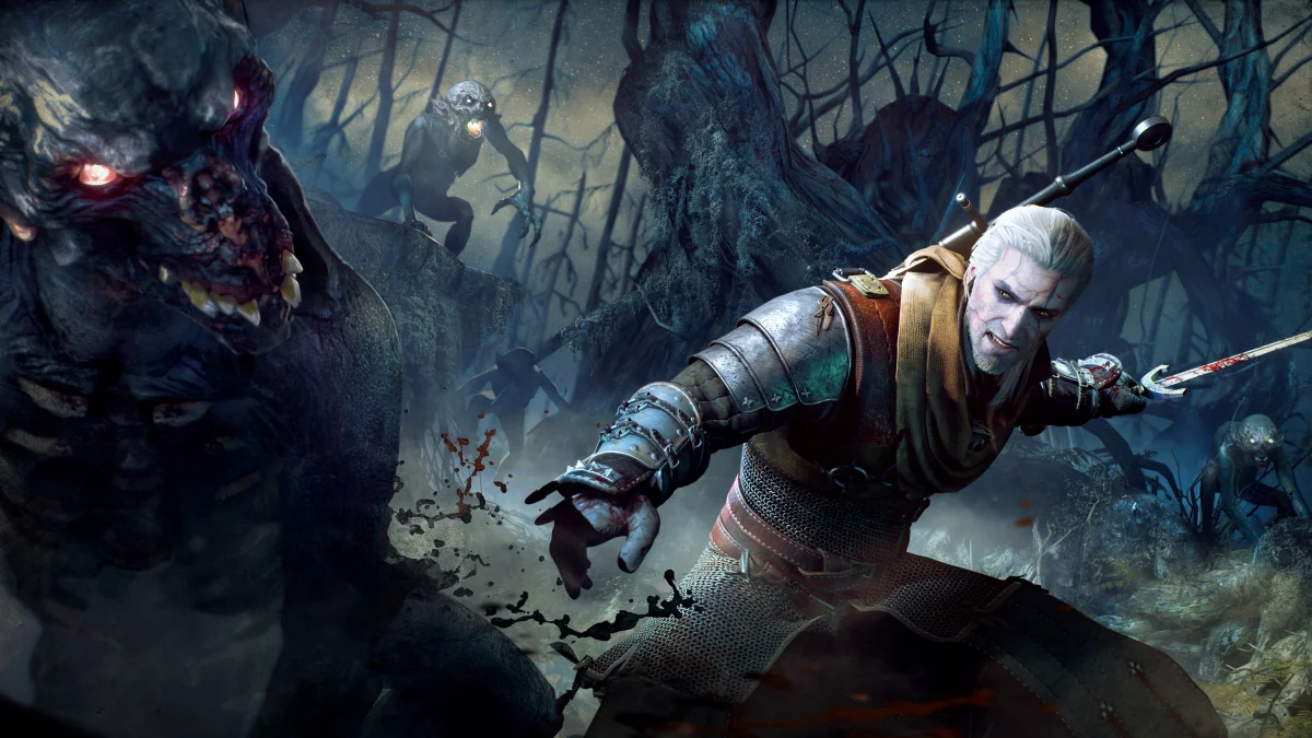 geralt of rivia battles the drowned in velen, the witcher 3, fantasy, geralt, monsters, mutants, swords, the witcher, games