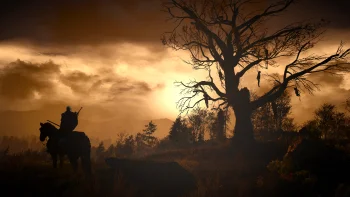 геральт верхом на плотве у висельного дерева в велене, the witcher 3, the witcher, ведьмак, геральт, закаты, закат, фэнтези, игры