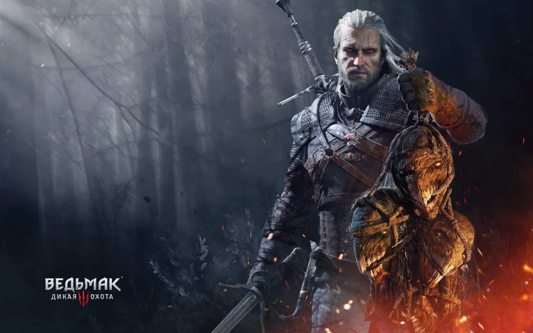 геральт із рівії тримає трофей у лісі, the witcher 3, the witcher, відьмак, геральт, мечі, монстри, мутанти, персонажі, актори, фентезі, ігри