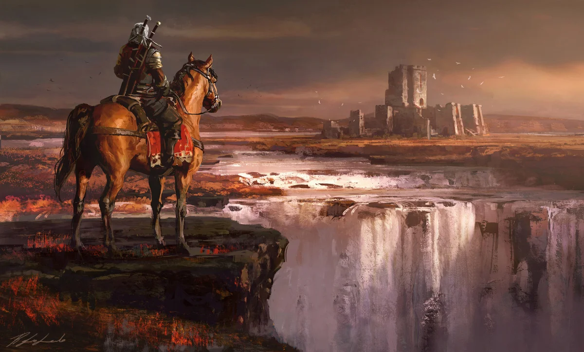 geralt of rivia riding plotve near the waterfall close to kaer morhen, the witcher 3, fantasy, geralt, the witcher, warriors, games