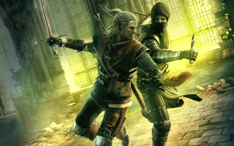 геральт сражается бок о бок с альтаиром ибн ла-ахадом, the witcher 2, the witcher, ведьмак, воины, геральт, фэнтези, игры