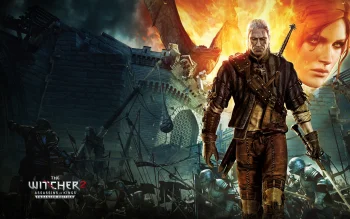 геральт на фоне осады замка ла валлетт, the witcher 2, the witcher, ведьмак, воины, геральт, драконы, мечи, персонажи, актеры, фэнтези, игры