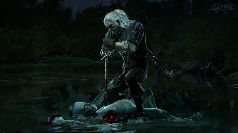 геральт перемагає утопця в болотах велена, «відьмак 2», the witcher, відьмак, геральт, мечі, монстри, мутанти, фентезі, ігри