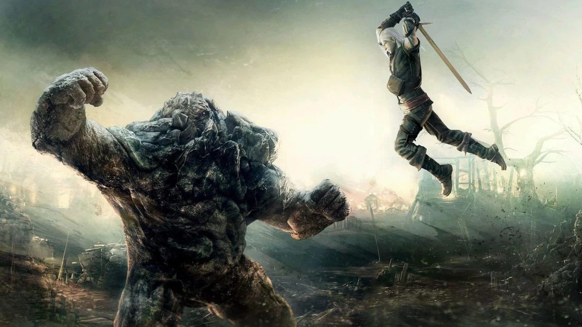 geralt fights a stone troll, the witcher, fantasy, geralt, monsters, mutants, swords, games
