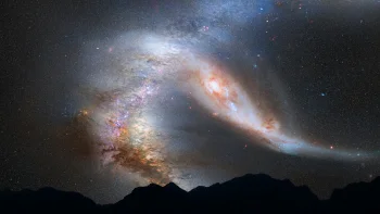 the andromeda galaxy above the mountains, andromeda, galaxies, m31, andromeda galaxy, milky way, mountains, peaks, hills, nebulae, stars, space, the universe, astronomy, planets, earth, the sun