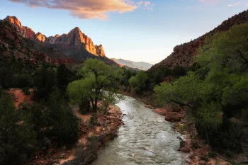 sunset over the virgin river in zion canyon, evening, evenings, twilight, dus, landscapes, mountains, peaks, hills, nature reserves, wildlife reserves, parks, national parks, rivers, canals, streams, sunsets, sunset, trees, usa, united states, utah, zion, zion national park, nature, world