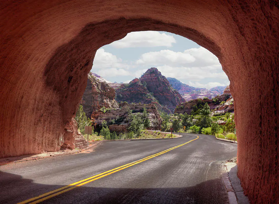 view of the mountains through the zion-mount carmel tunnel, cliffs, clouds, landscapes, mountains, peaks, hills, nature reserves, wildlife reserves, parks, national parks, roads, highways, motorways, avenues, driveways, passageways, sky, tunnels, usa, united states, utah, zion, zion national park, nature, world