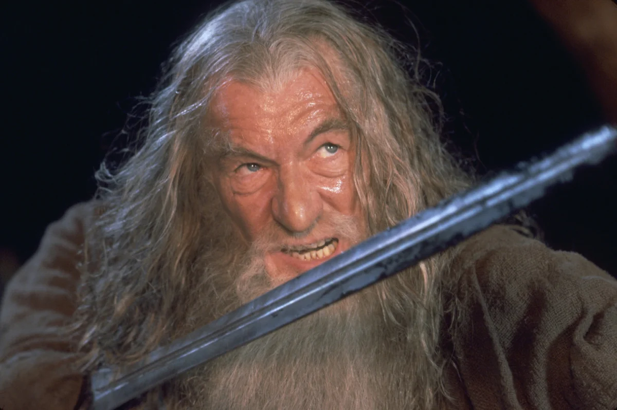 Gandalf with his sword Glamdring in the heat of battle