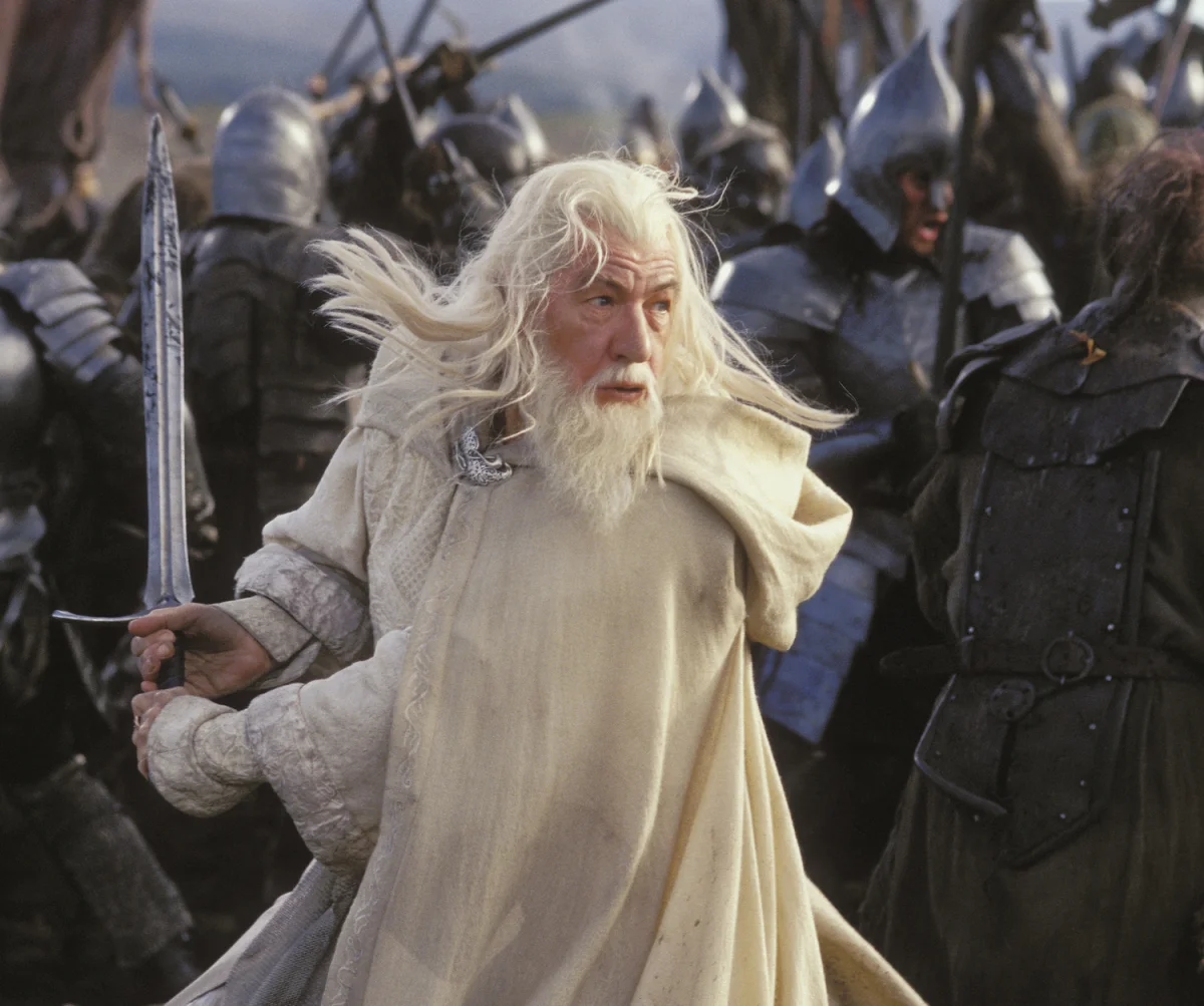 Gandalf the White, sword in hand, in the thick of battle