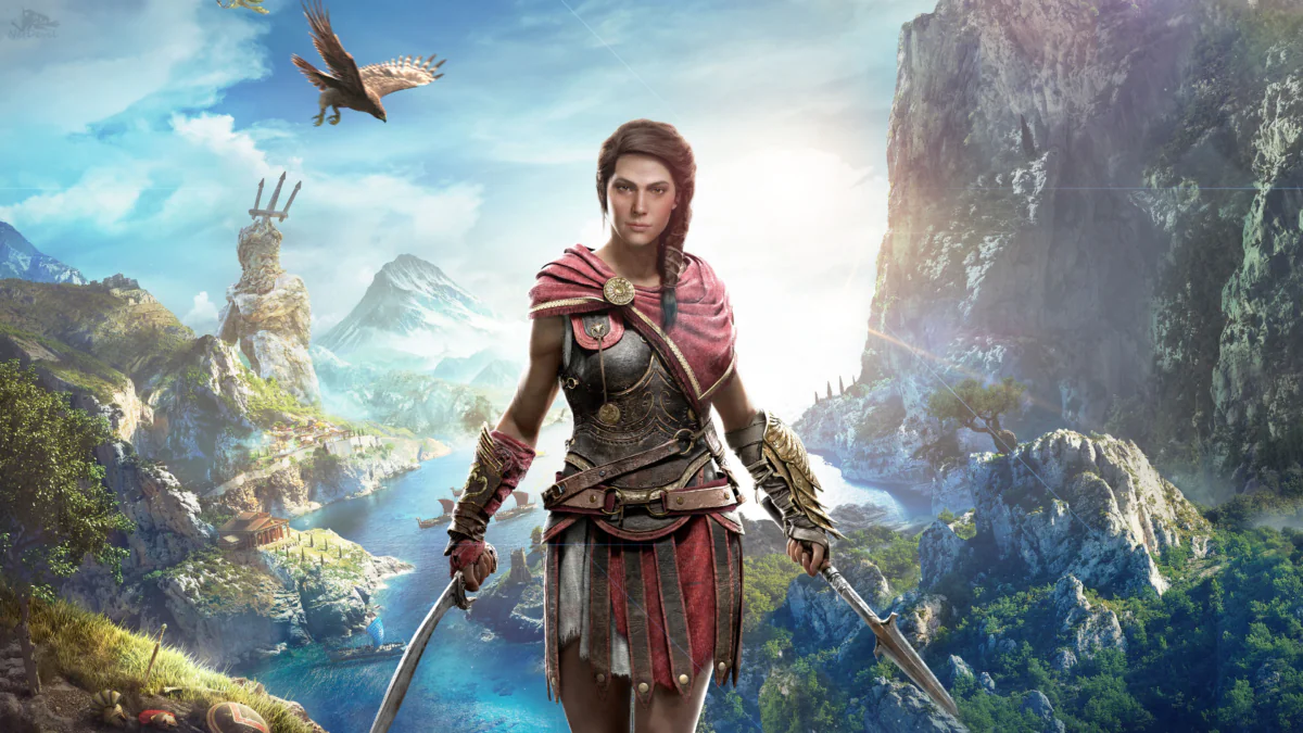 Cassandra against a backdrop of sun-drenched mountains and ancient Greek landscapes
