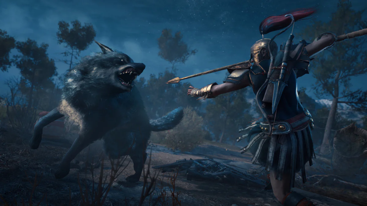 A Spartan warrior's battle with a wolf in the forest at night