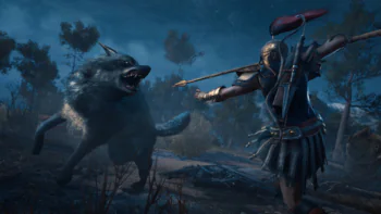 A Spartan warrior's battle with a wolf in the forest at night