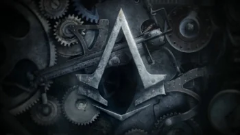 The symbol of the Assassin Brotherhood against the backdrop of an antique clock mechanism