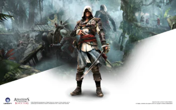 Edward Kenway with a saber, set against the backdrop of a tropical jungle