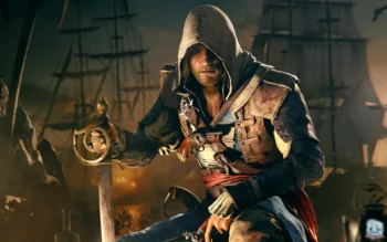 Edward Kenway with a saber, against a backdrop of sailing ships' silhouettes