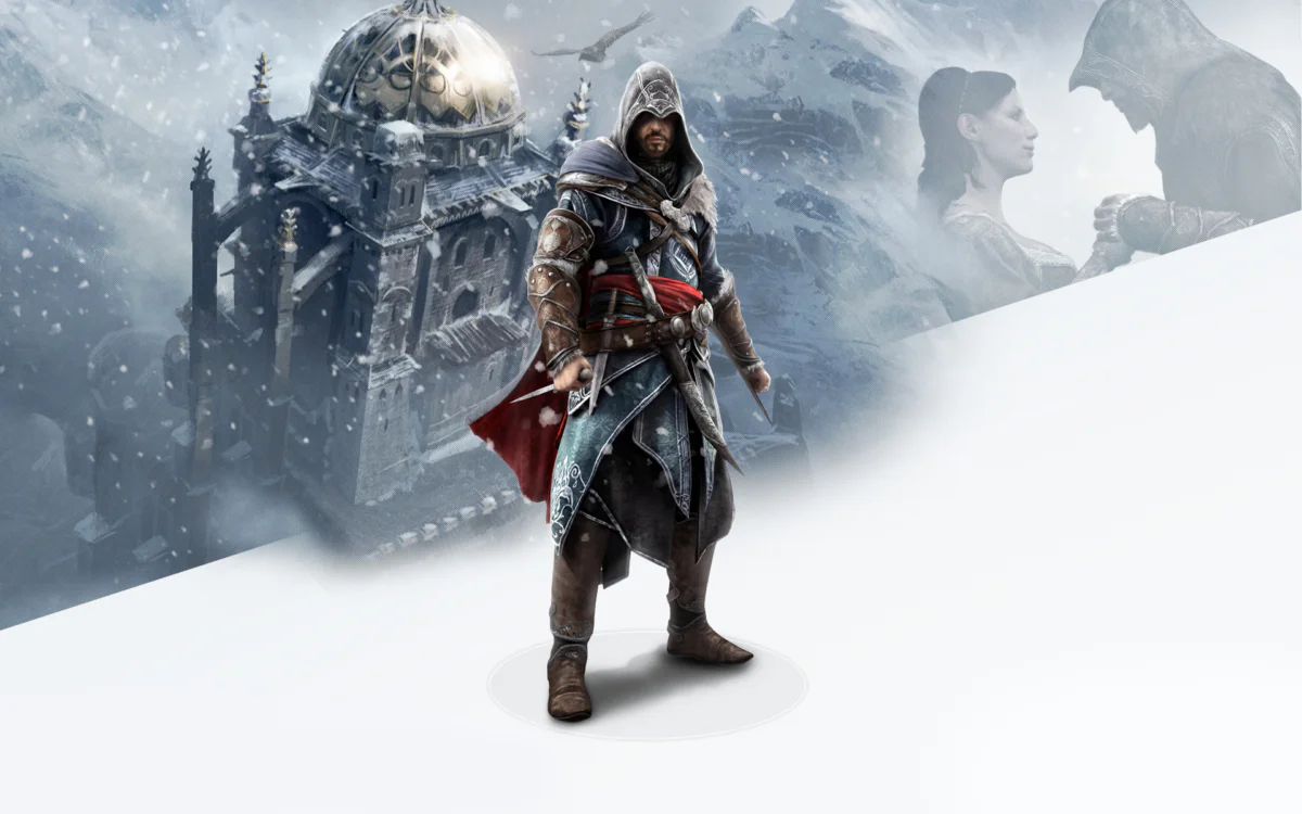 Ezio Auditore against the backdrop of the snow-covered Masyaf Fortress