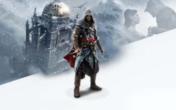 Ezio Auditore against the backdrop of the snow-covered Masyaf Fortress