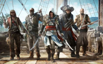 Edward Kenway and the legendary pirates on the deck of a ship in the Caribbean Sea