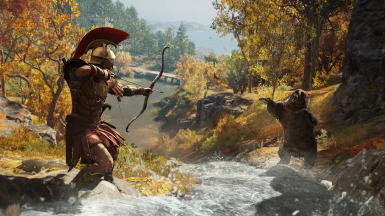Спартанский воин целится из лука в медведя (Assassin's Creed Odyssey)