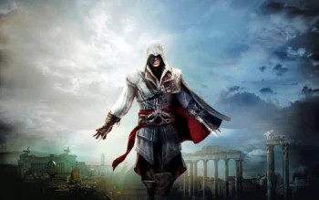 Ezio Auditore against the backdrop of Rome at dusk