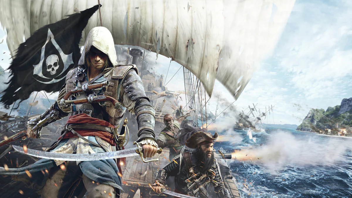 Edward Kenway and his crew on the deck of the Galky during a naval battle